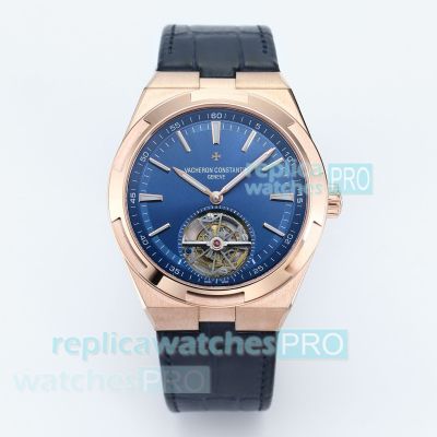 Swiss Clone Vacheron Constantin Overseas Tourbillon Rose Gold Blue Leather Strap Watch 